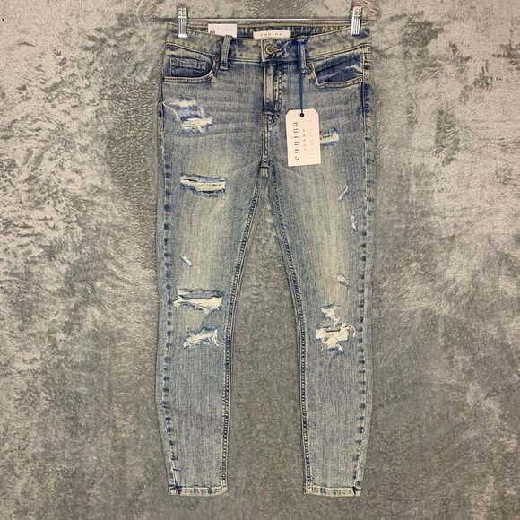 Eunina Women Josie Mid Rise Skinny Crop Destroyed Grunge Juniors Jeans 3 NWT - Picture 1 of 13